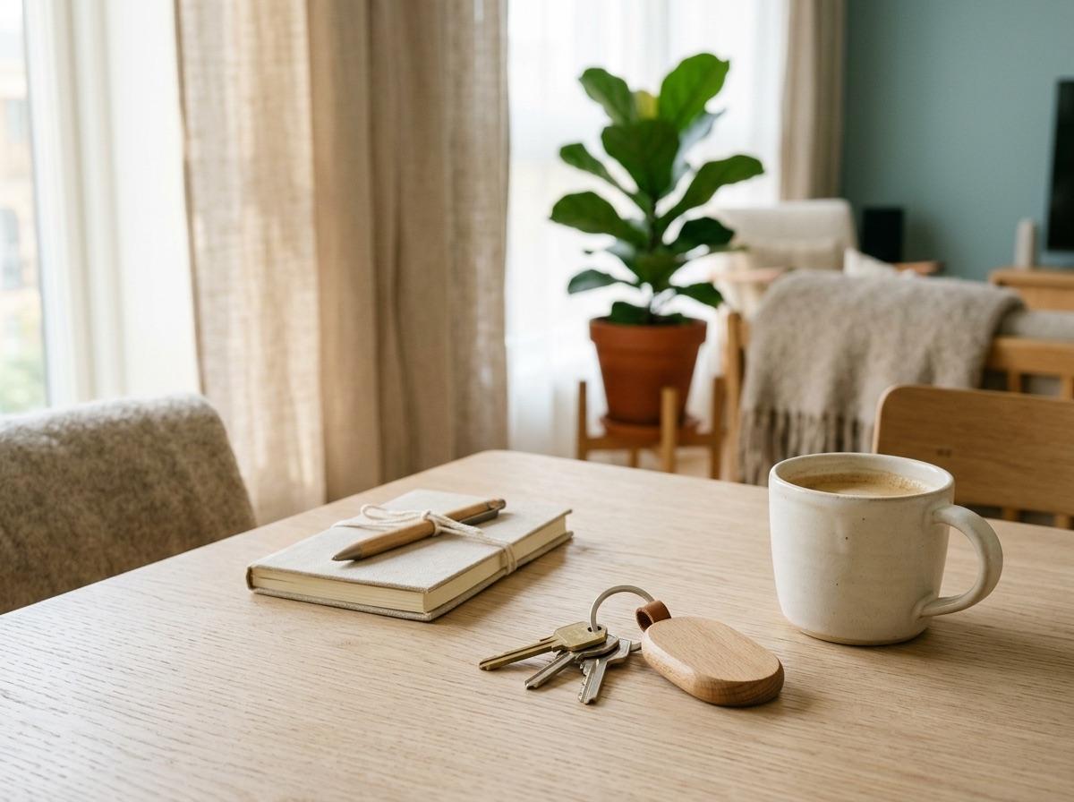 Llaves de un departamento en alquiler temporario sobre una mesa de madera junto a una taza de café